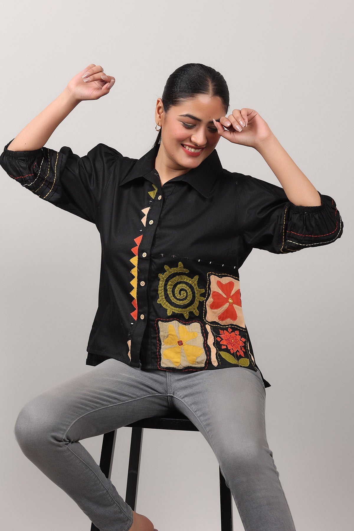 Buy Black Cotton Thread Work Shirt by OSKOS for women online at ScrollnShops